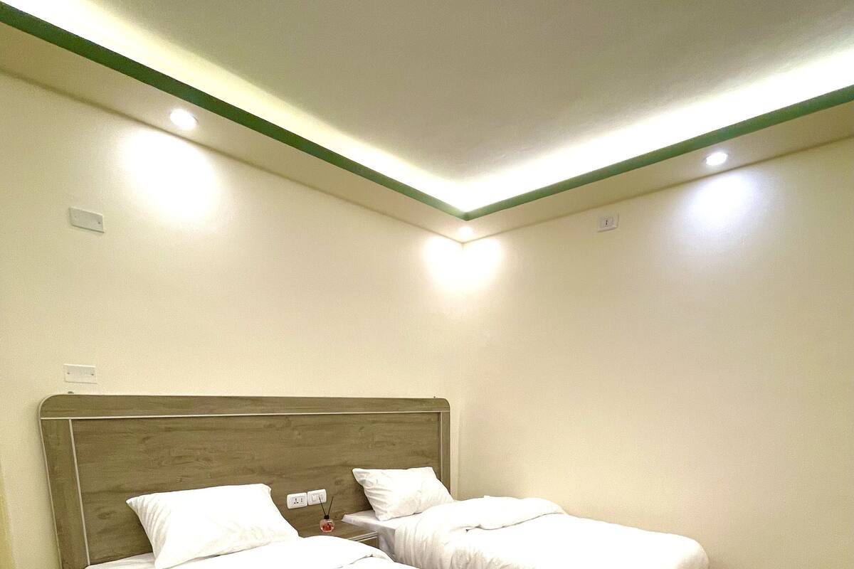 Quarto com duas camas, cabeceira de madeira, carpete e luminária fixada na parede.