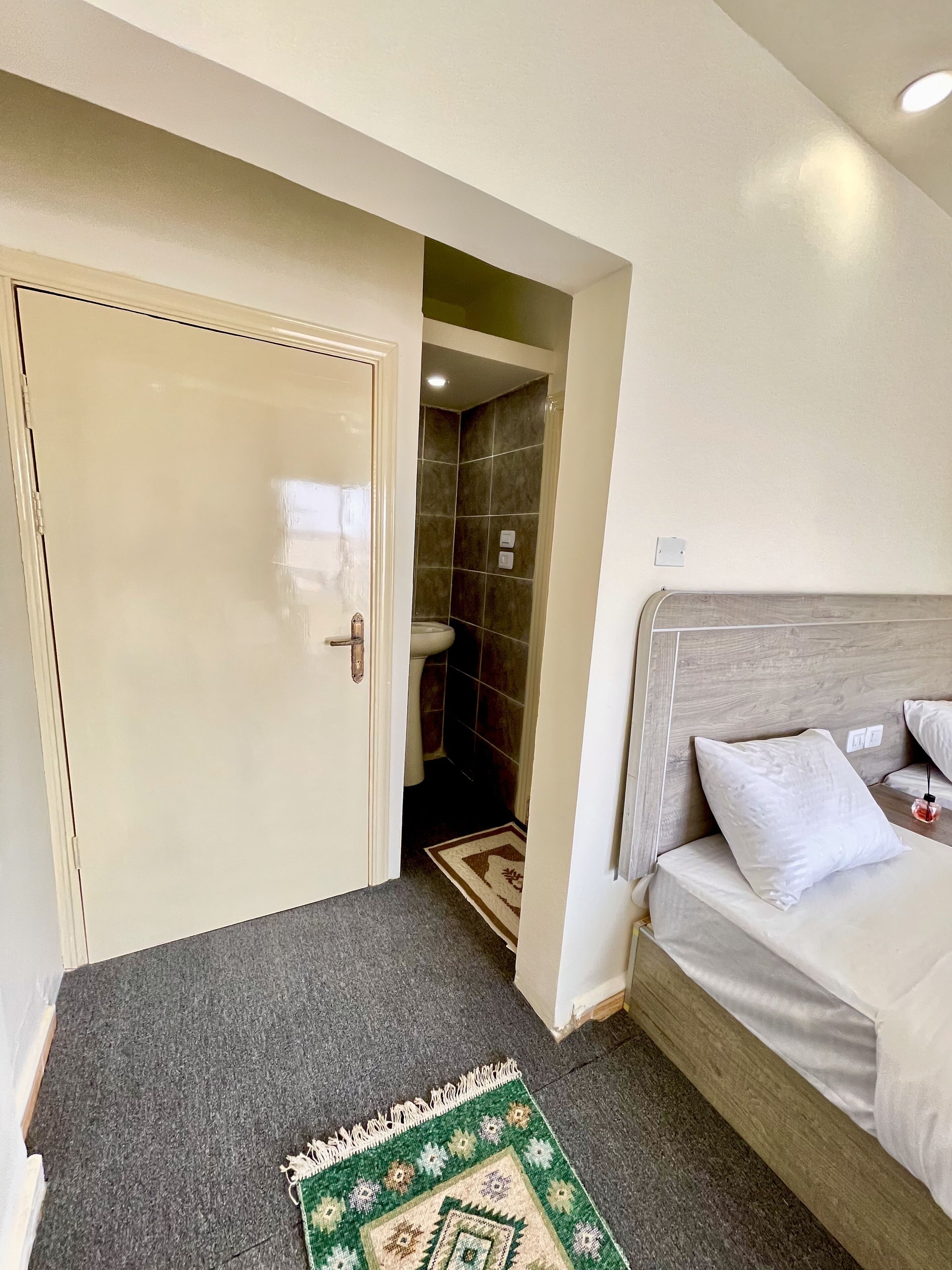 A bedroom with a bed, a door leading to a bathroom, and a patterned rug on the floor.