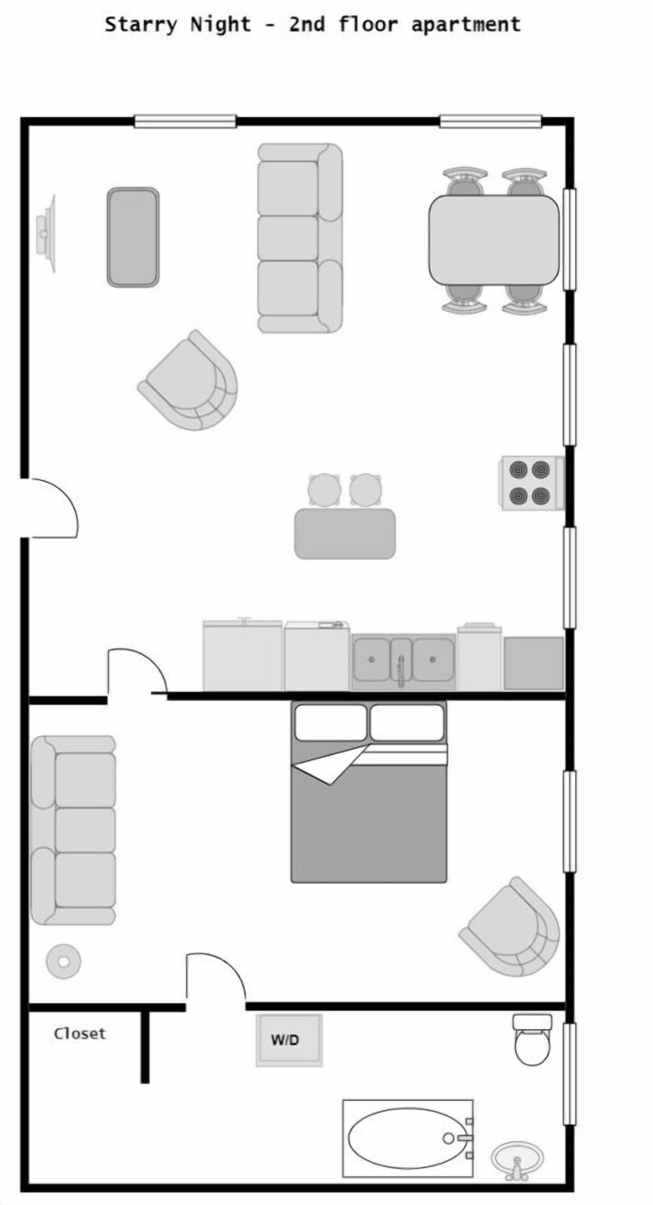Distribución de un apartamento en el segundo piso que incluye sala de estar, cocina, comedor, dos dormitorios, un baño y un armario.