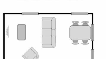 Distribución de un apartamento en el segundo piso que incluye sala de estar, cocina, comedor, dos dormitorios, un baño y un armario.