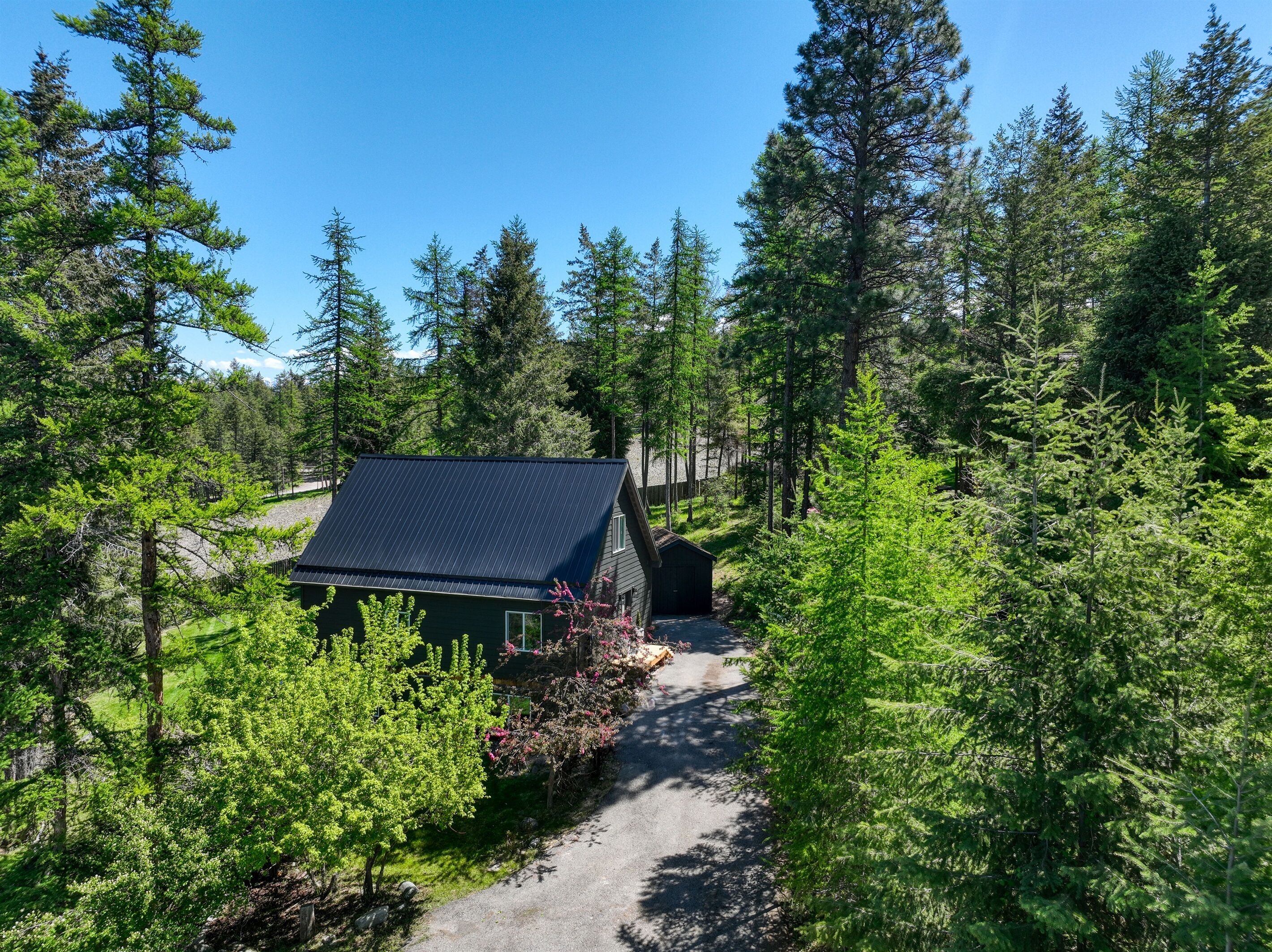 Une cabane à toit sombre, entourée d’une forêt dense, et un chemin de gravier qui y mène.