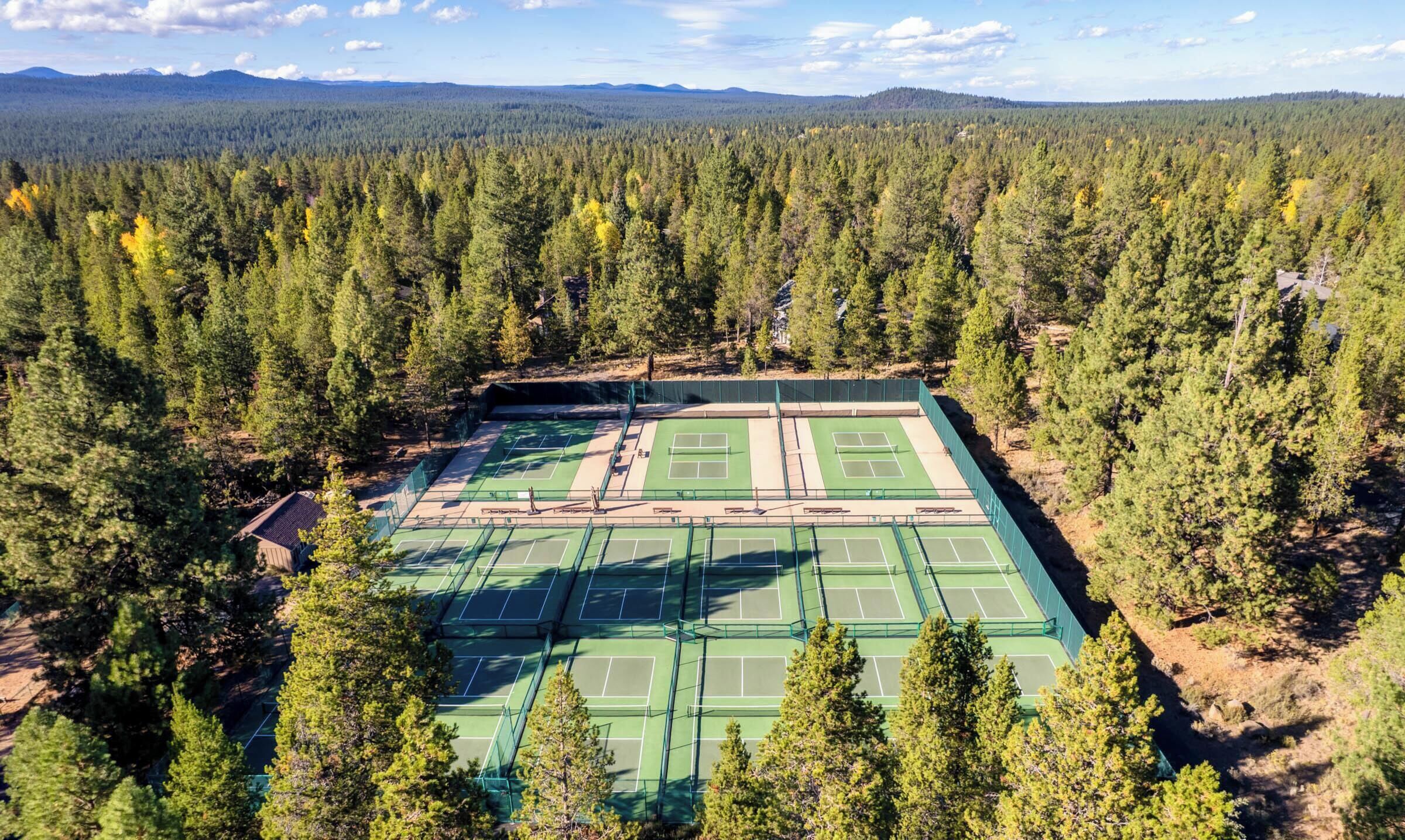 Vista aerea di un campo da tennis circondato da una fitta foresta, con montagne sullo sfondo.