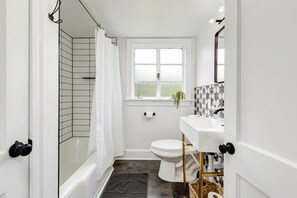 Hair dryer, towels, soap, shampoo