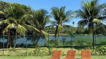 Uma área gramada com três cadeiras de madeira para relaxar voltada para um corpo d'água, cercada por palmeiras e um portão.