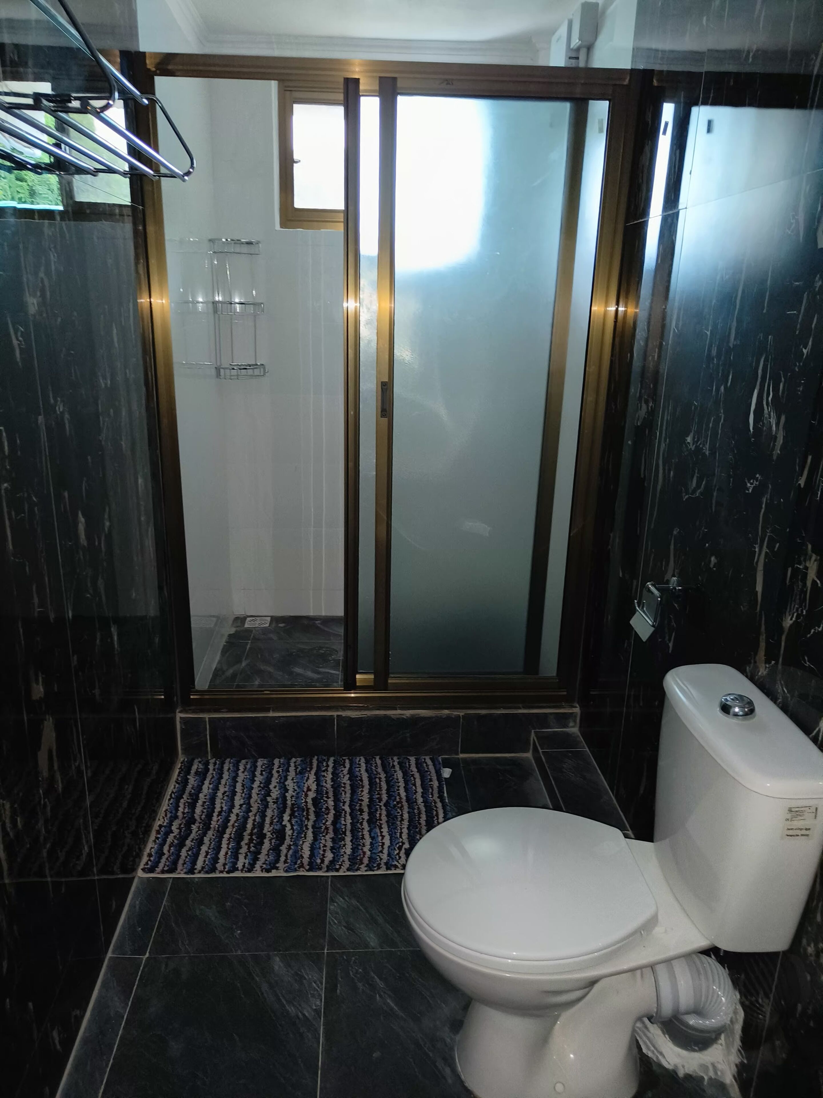 A modern bathroom with a glass-enclosed shower, a toilet, and a sink.