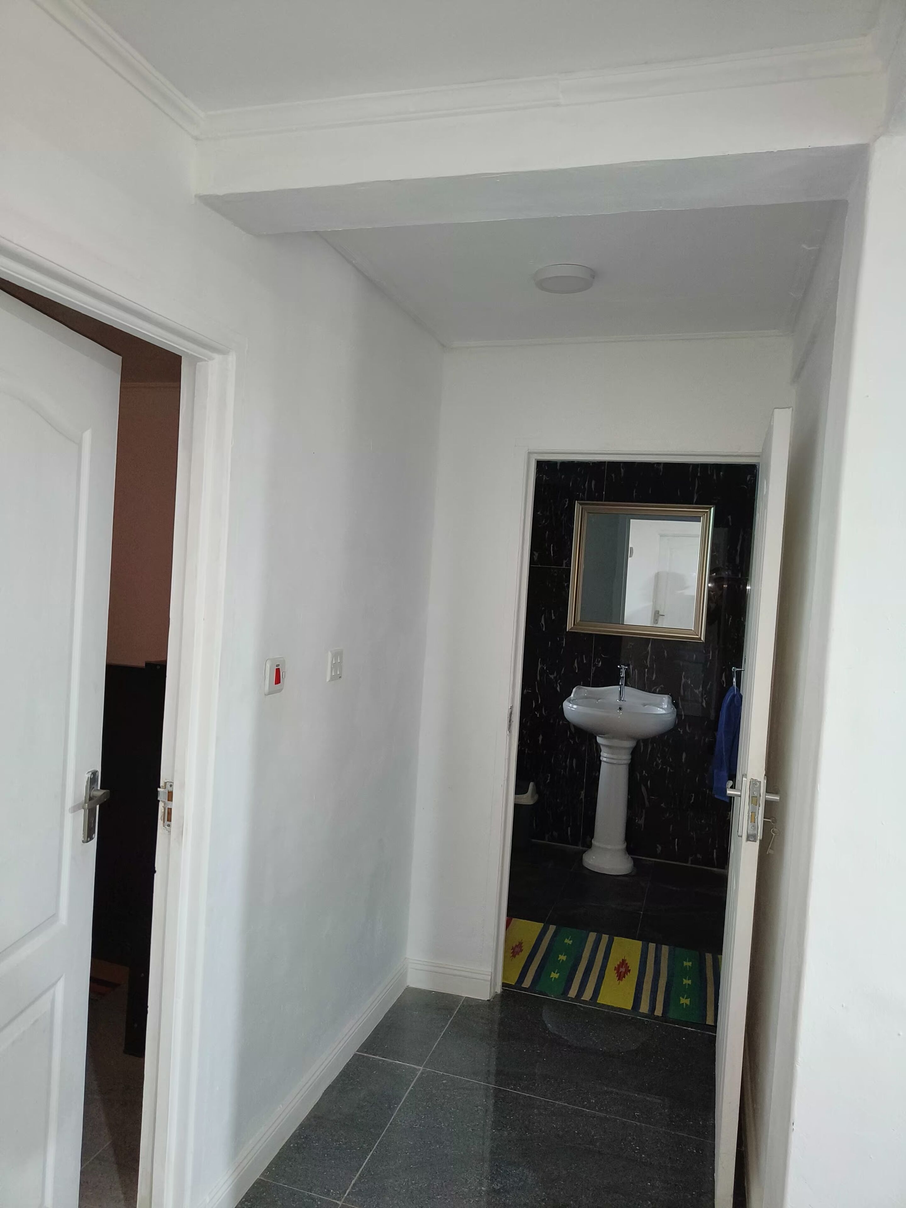 A hallway leading to a bathroom with a white sink and a mirror above it.