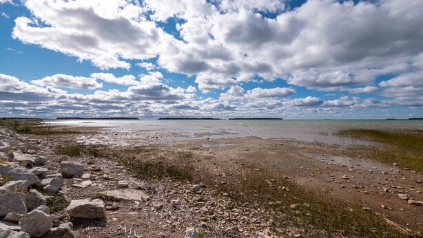 A rocky shoreline with a view of the water and distant land under a partly cloudy sky. - Wind Swept Pines
Newly renovated, close to water 3 bedroom cottage (Wiarton)