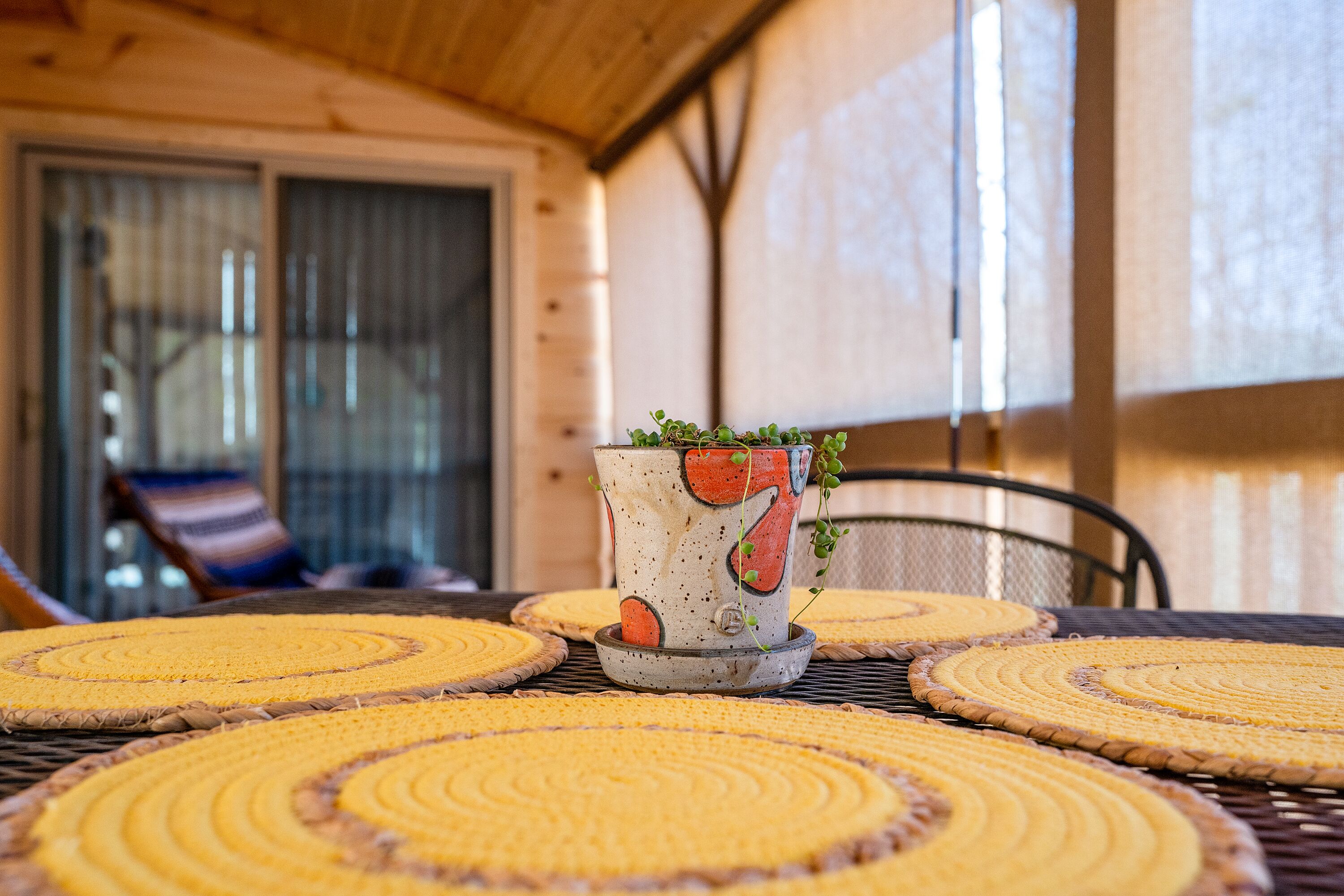 A table with woven placemats and a decorative ceramic mug with a plant.