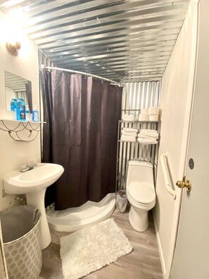 Regadera, toallas, papel de baño