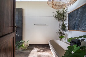 Shower, hair dryer, bidet, towels