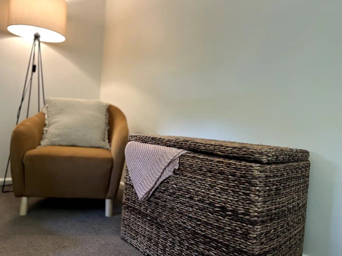 Une pièce avec un fauteuil marron, un pouf en osier et une lampe sur pied.
