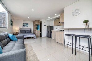 1 chambre, bureau, fer et planche à repasser, lit parapluie