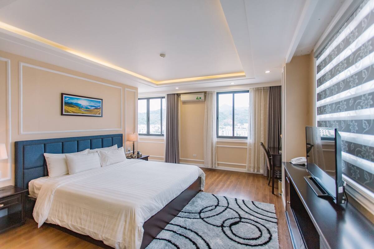 Una habitación de hotel moderna con una cama grande, un televisor de pantalla plana y vistas a la ciudad.