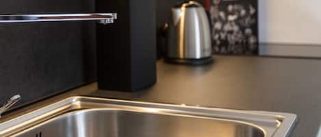 Fridge, microwave, stovetop, electric kettle
