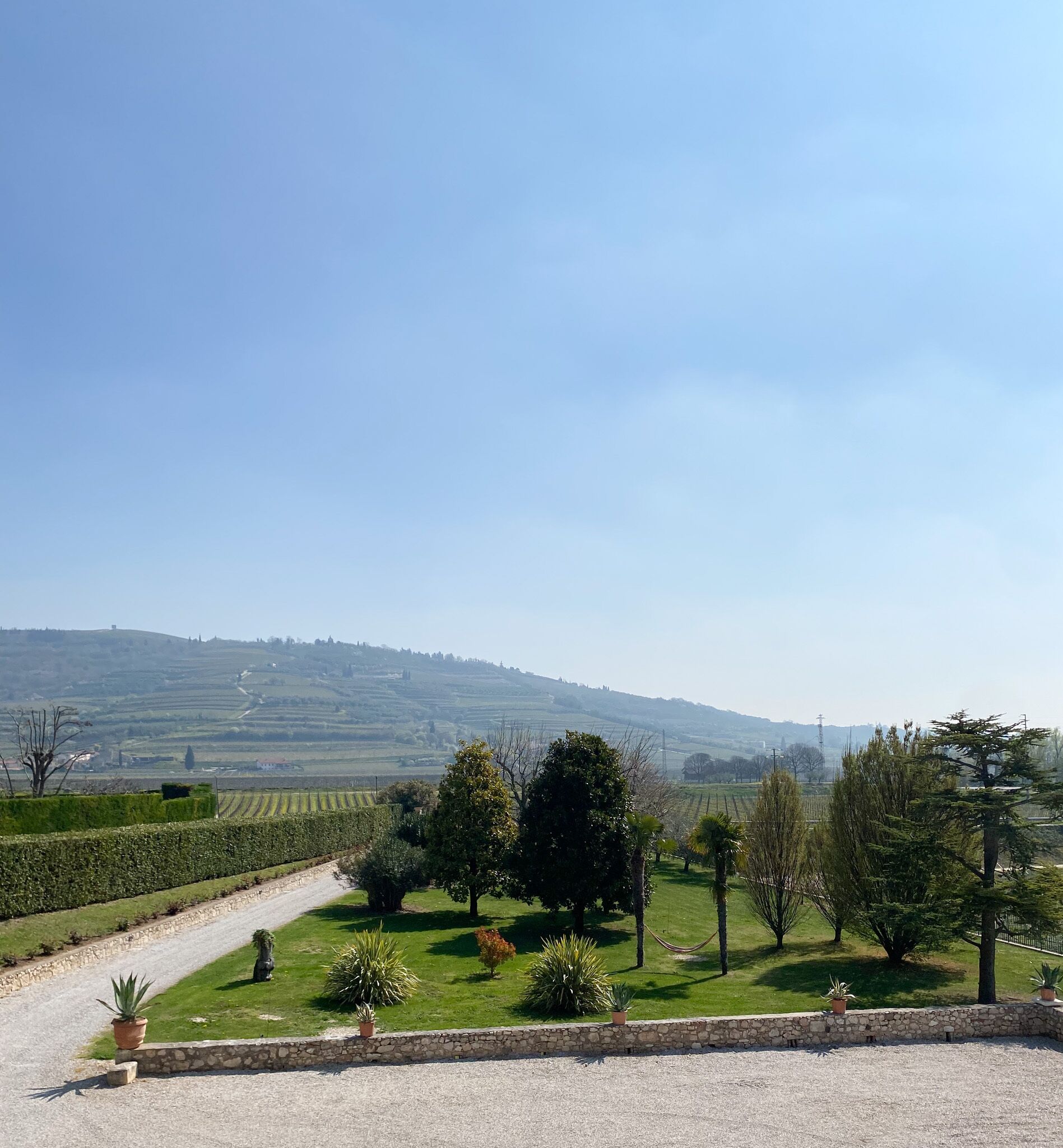 Ländliche Landschaft mit Steinmauer, Blumentöpfen und blauem Himmel.