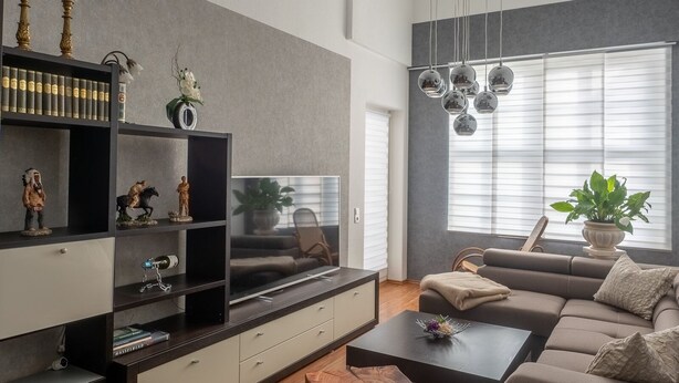 A modern living room with a sofa, coffee table, and a TV on a cabinet. There are decorative items on shelves and a potted plant by the window.