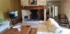 Televisie, een open haard, een dvd-speler en een printer