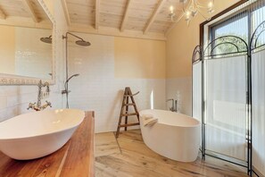 Shower, hair dryer, towels