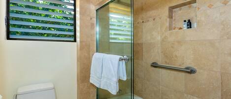 A modern bathroom with a glass shower enclosure, a white toilet, and a bathtub.