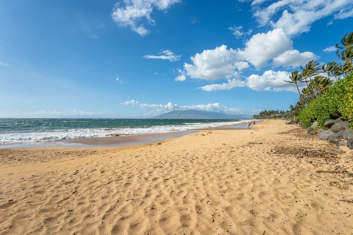 A sandy beach with gentle waves, a clear sky, and a distant mountain.