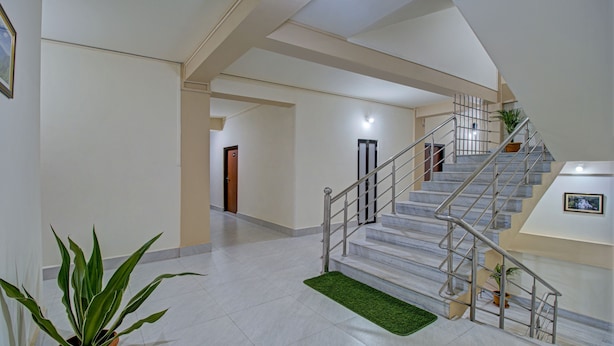 A spacious interior with a marble staircase, a green artificial turf at the bottom, and a potted plant on the left. - Treebo Staying Center (Shillong)