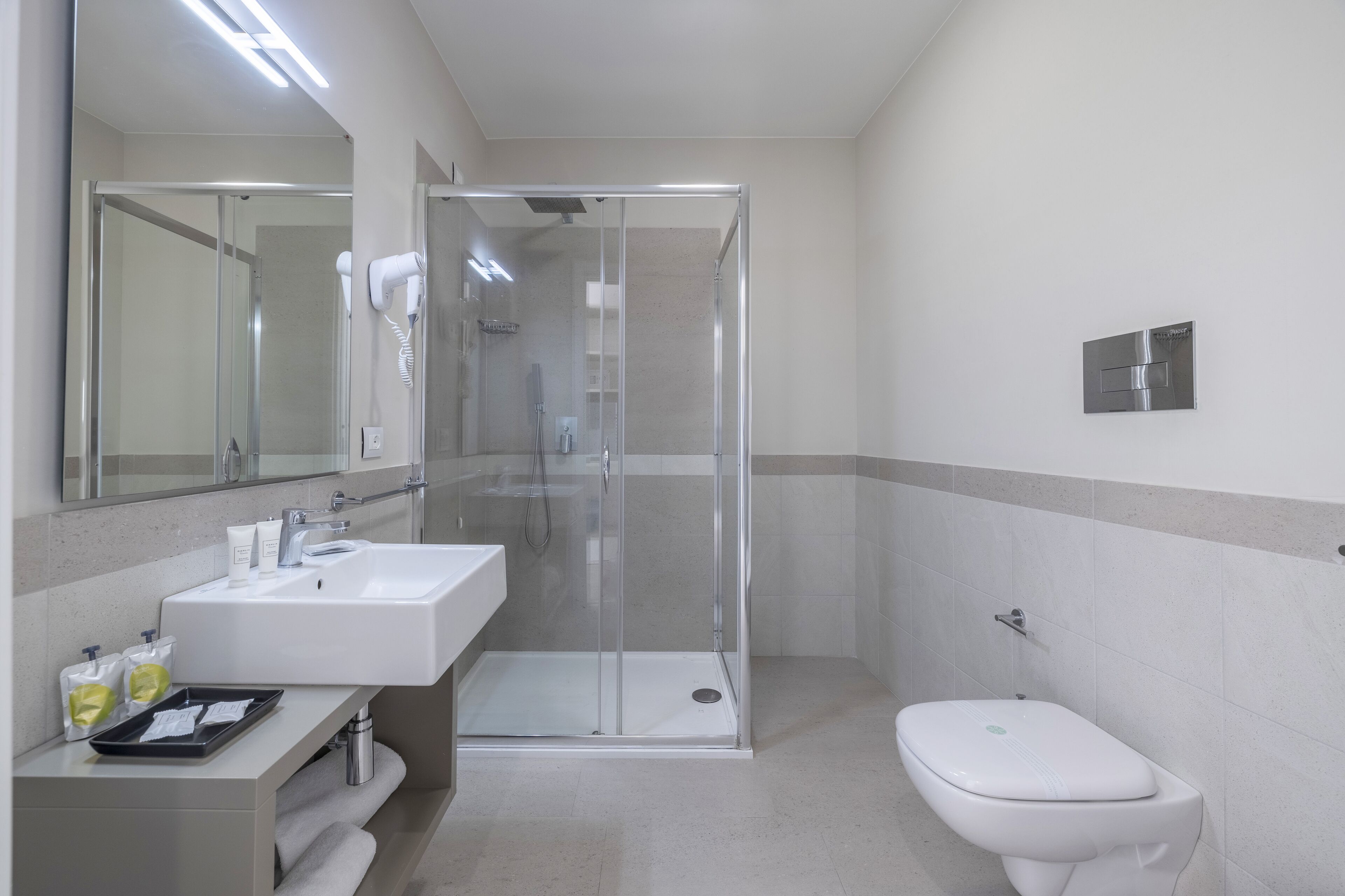 A modern bathroom with a glass shower enclosure, a white sink, and a toilet.