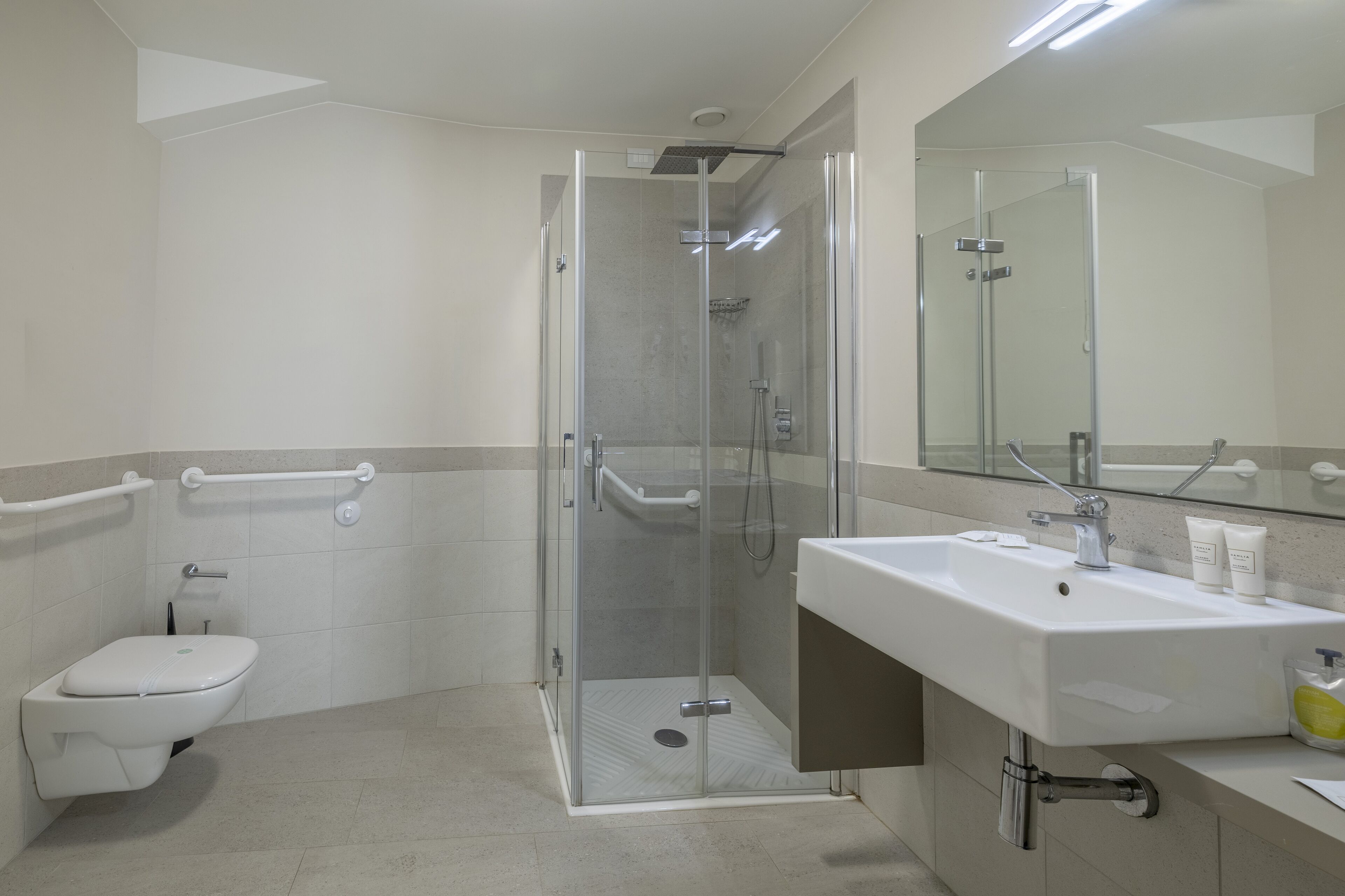 Un baño moderno con ducha acristalada, lavamanos blanco con artículos de aseo y un inodoro con barras de apoyo.