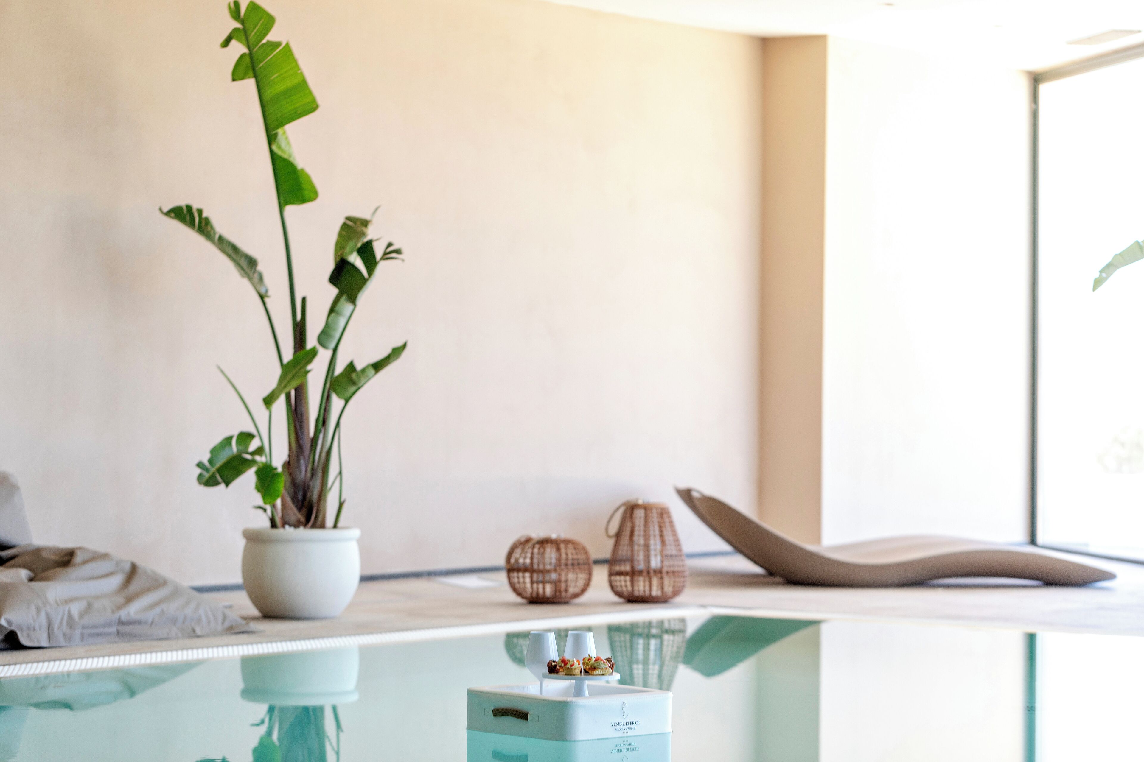 A modern room with a glass pool, a potted plant, and two wicker baskets on a wooden shelf.