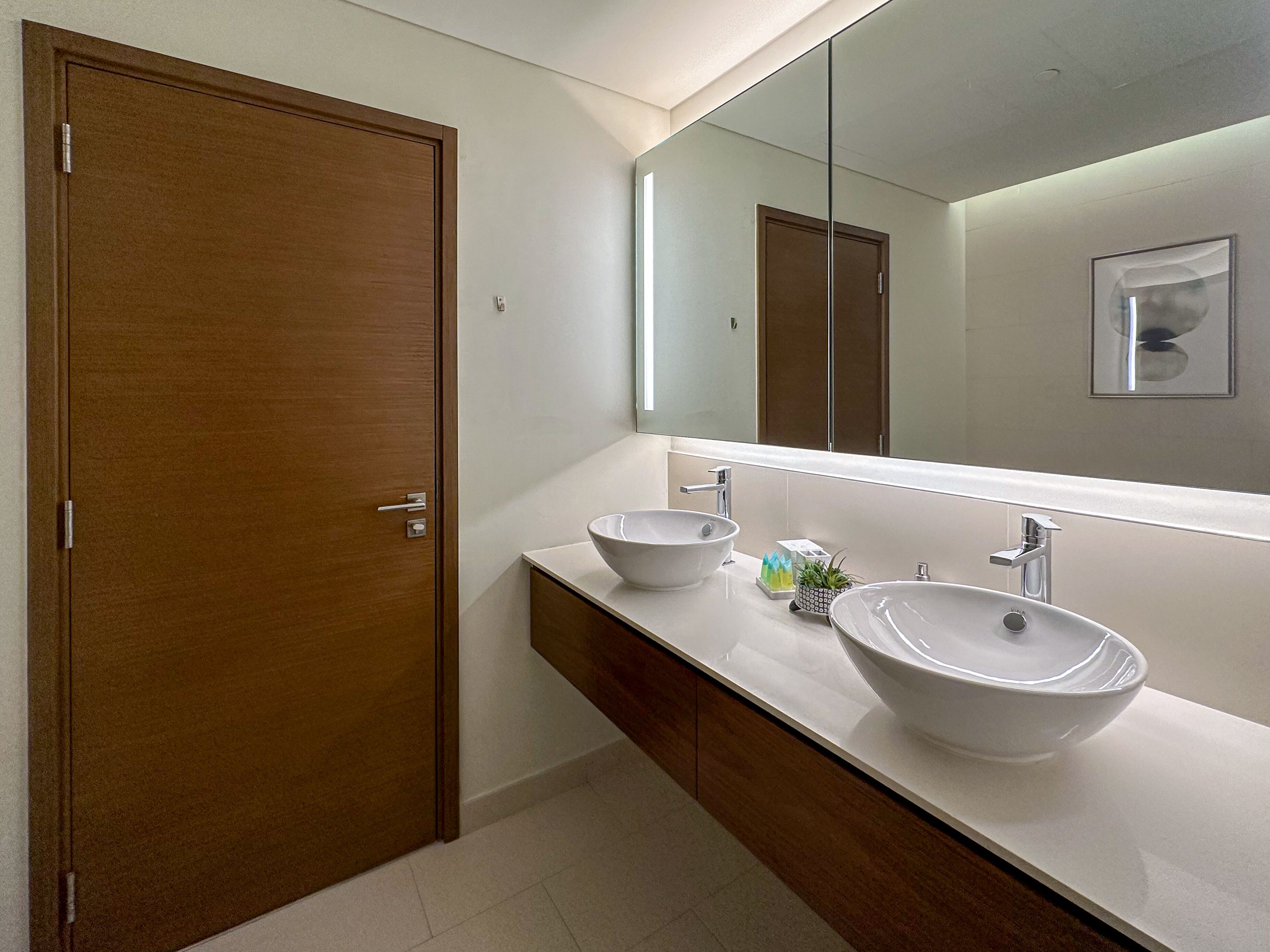 A modern bathroom with a wooden door, two white vessel sinks, a large mirror, and a small potted plant on the vanity.