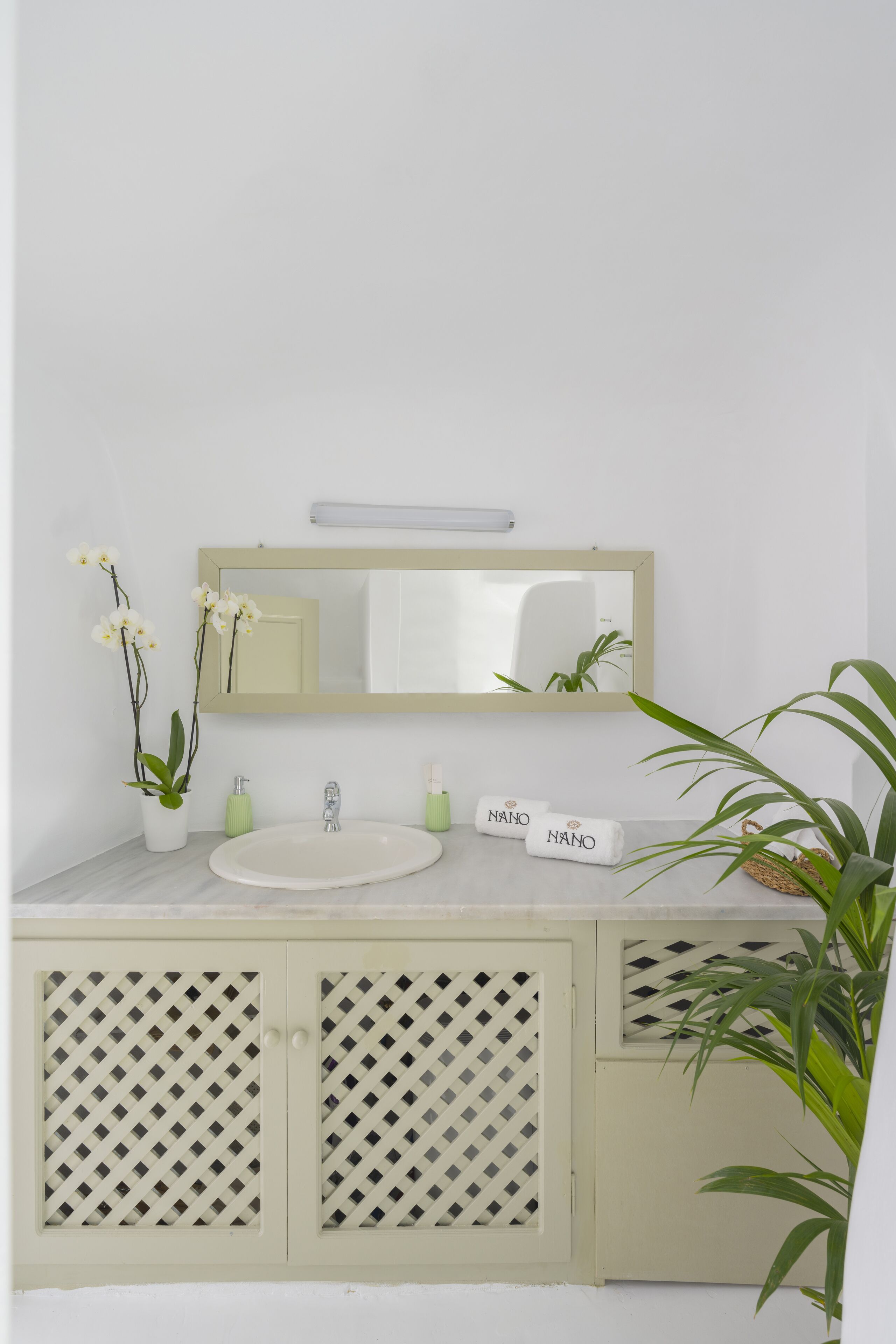 A bathroom with a white sink, a mirror, and two green plants.