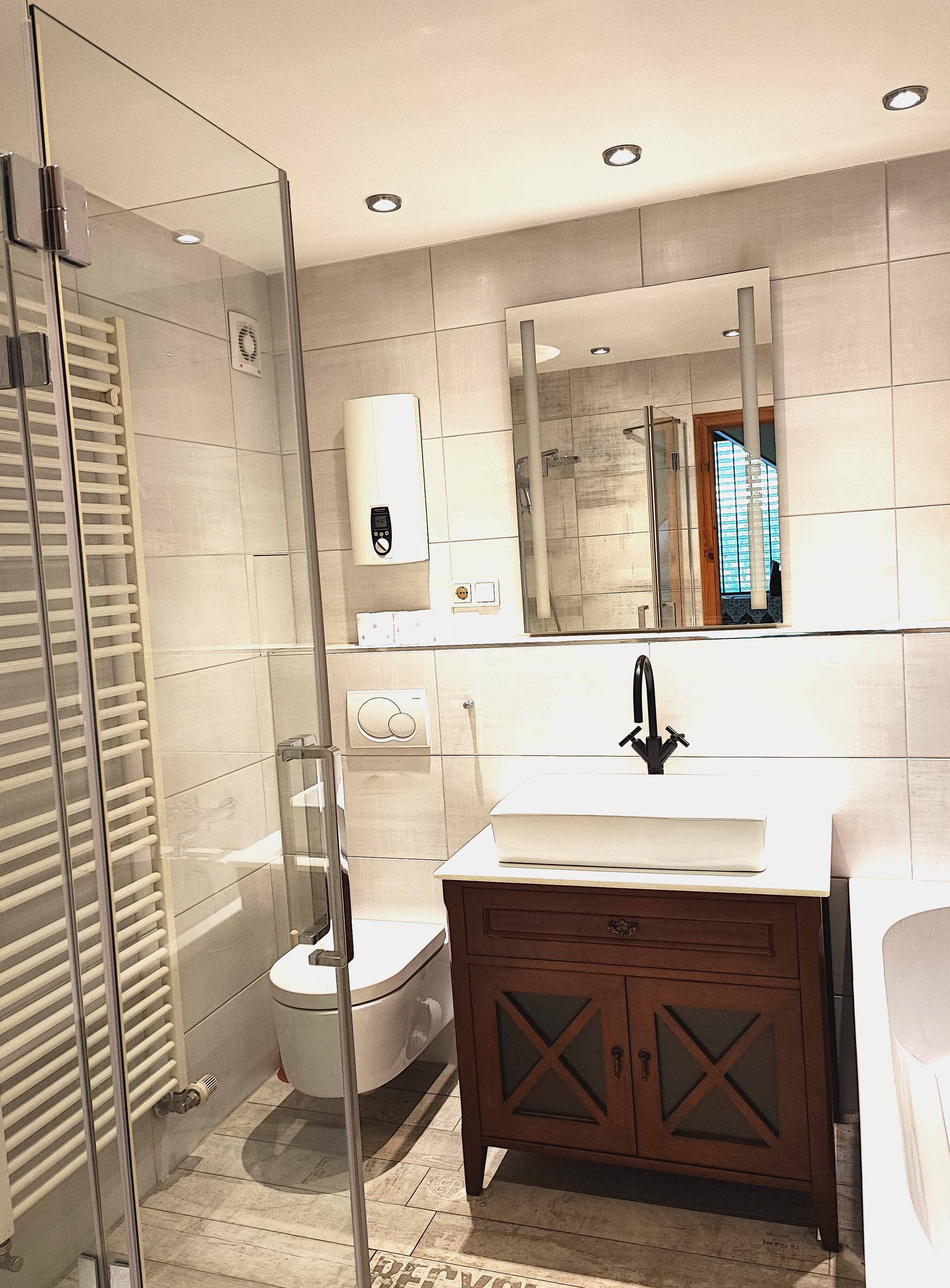 Hair dryer, towels, soap, shampoo