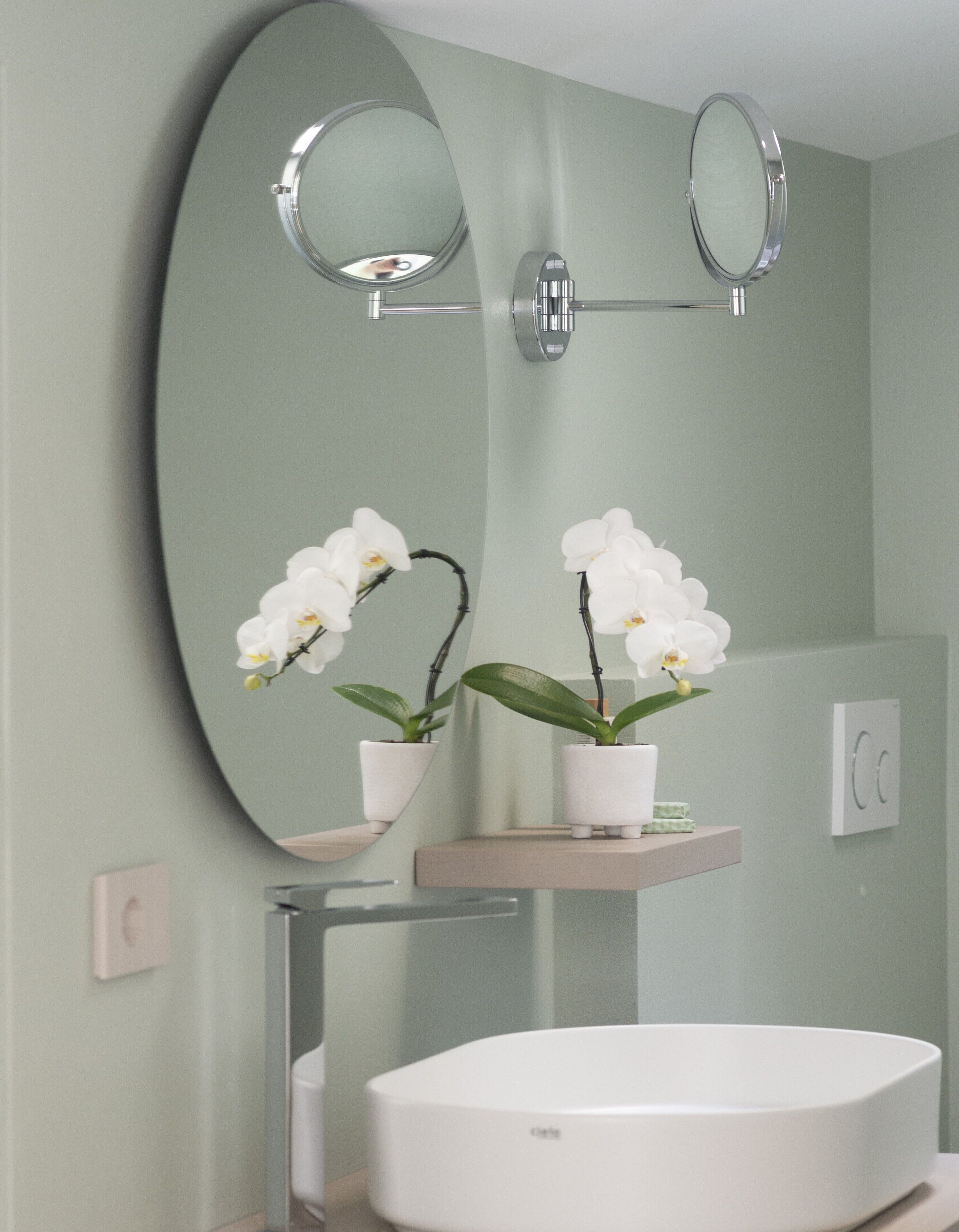 Un baño con un lavamanos blanco, dos plantas de orquídea en un estante y un espejo grande arriba.