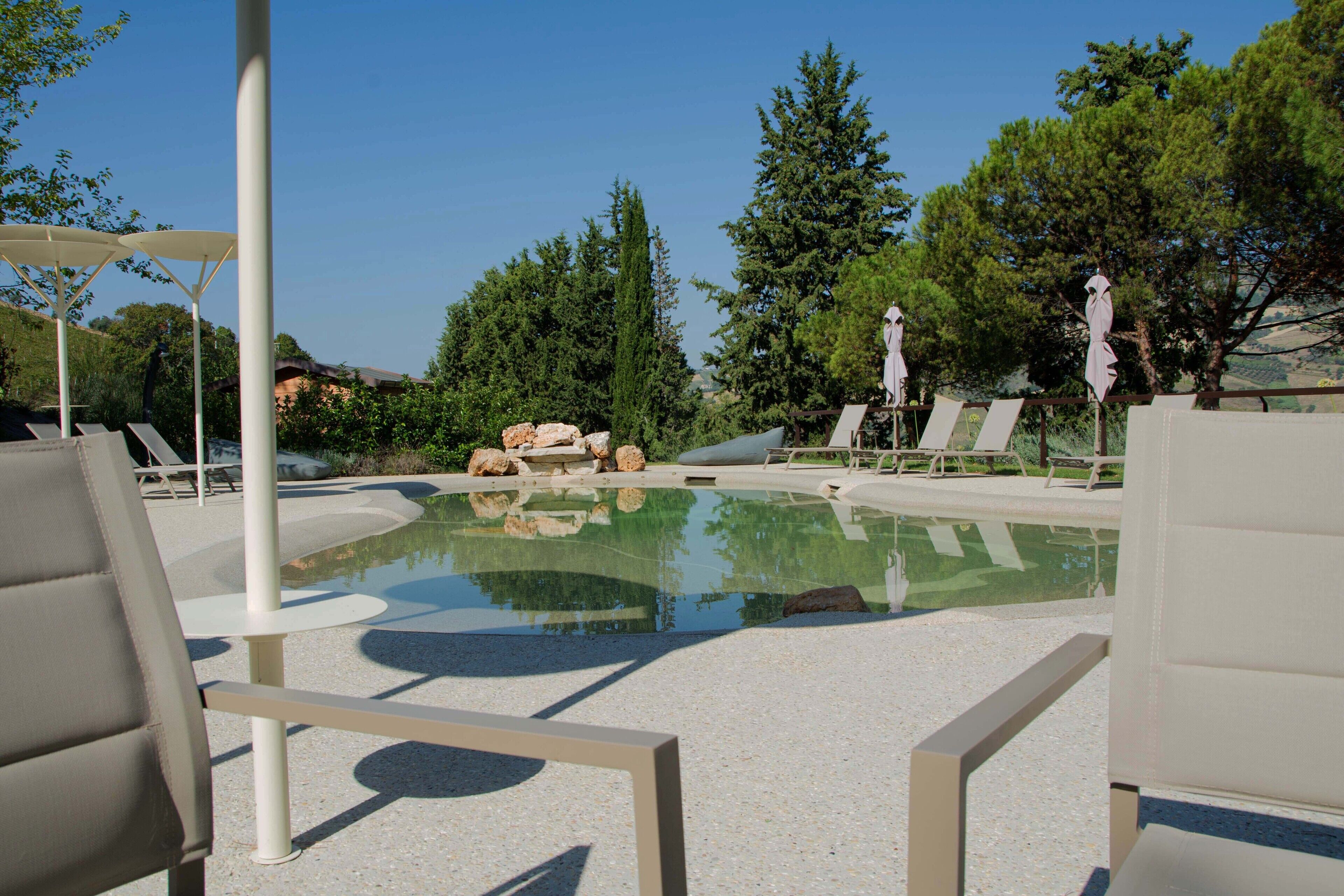 Area piscina con lettini, una piccola formazione rocciosa e alberi sullo sfondo.