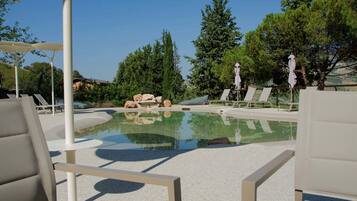 Area piscina con lettini, una piccola formazione rocciosa e alberi sullo sfondo.