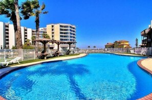 Relax by the pool surrounded by palm trees and lounge chairs.