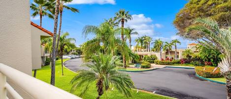 A resort with a curved road, palm trees, and a clear blue sky.