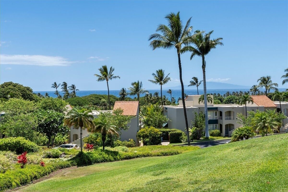 Un resort con varias construcciones, palmeras y vista al océano.