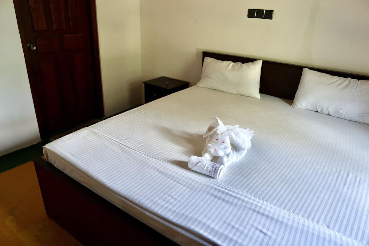 Una cama bien hecha con sábanas y almohadas blancas, una mesita de noche y una puerta de madera.