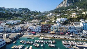 A coastal town with a marina filled with boats, buildings with balconies, and a mountainous backdrop. - Capri Charming mediterranean apartment (Marina Grande)