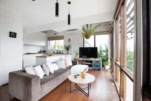 TV, fireplace, DVD player, books