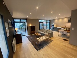 特级公寓 | 起居区 | 50-英寸LED 电视（配备卫星频道）、电视、加热地板