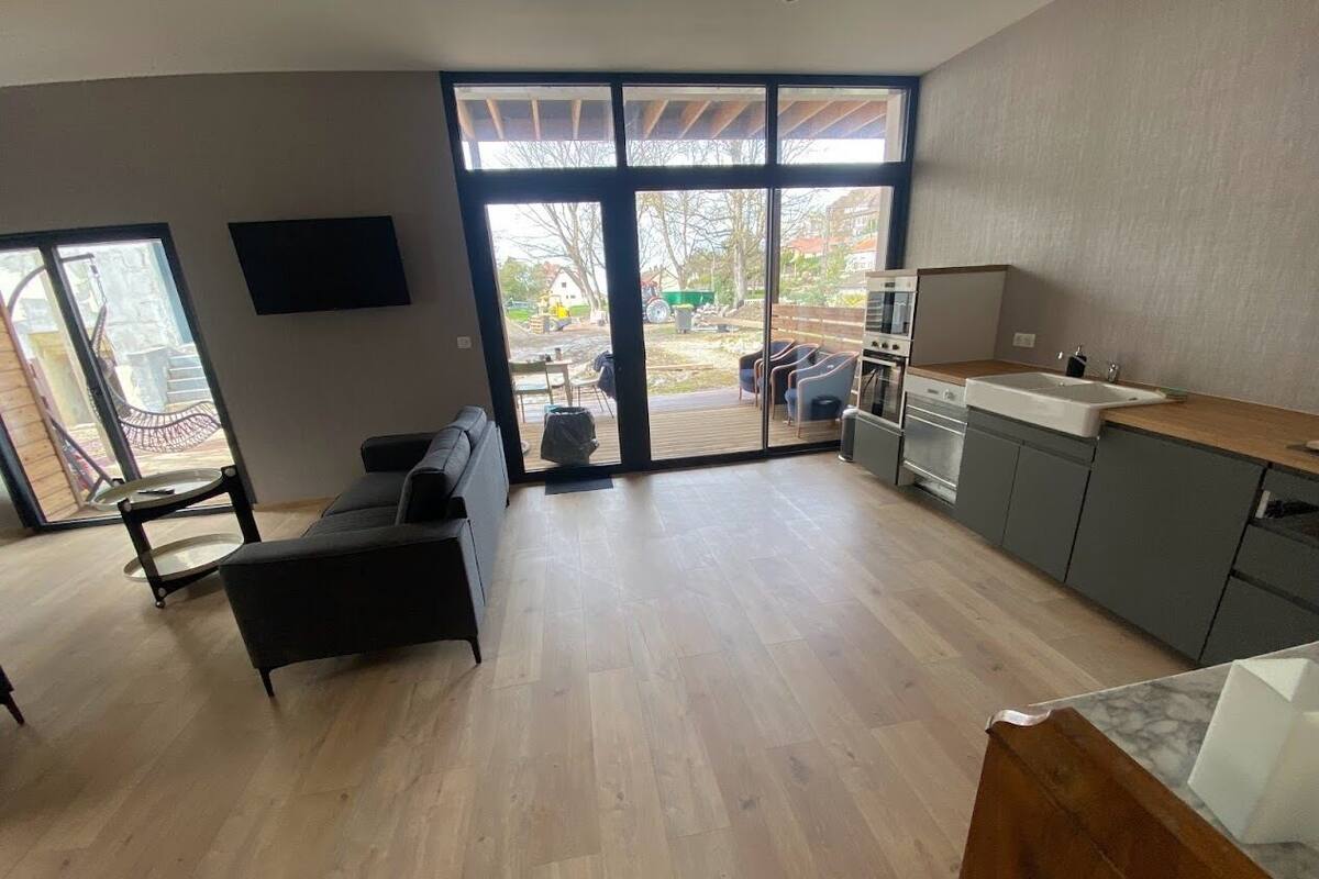 A spacious living area with a sofa, a dining table, and a kitchen with grey cabinets and a marble countertop.