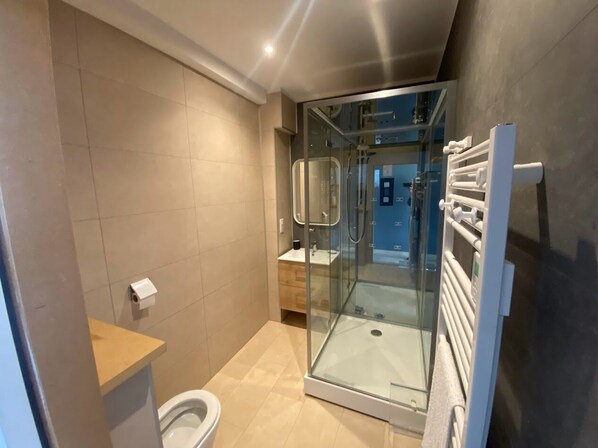 Un baño moderno con cabina de ducha de vidrio, inodoro y toallero.