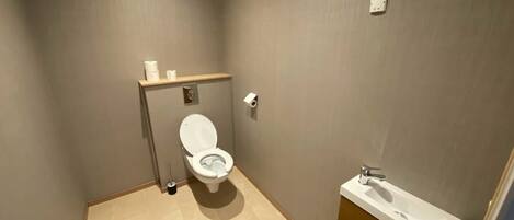 Une petite salle de bain compacte, équipée de toilettes, d’un lavabo et d’une étagère de rangement.