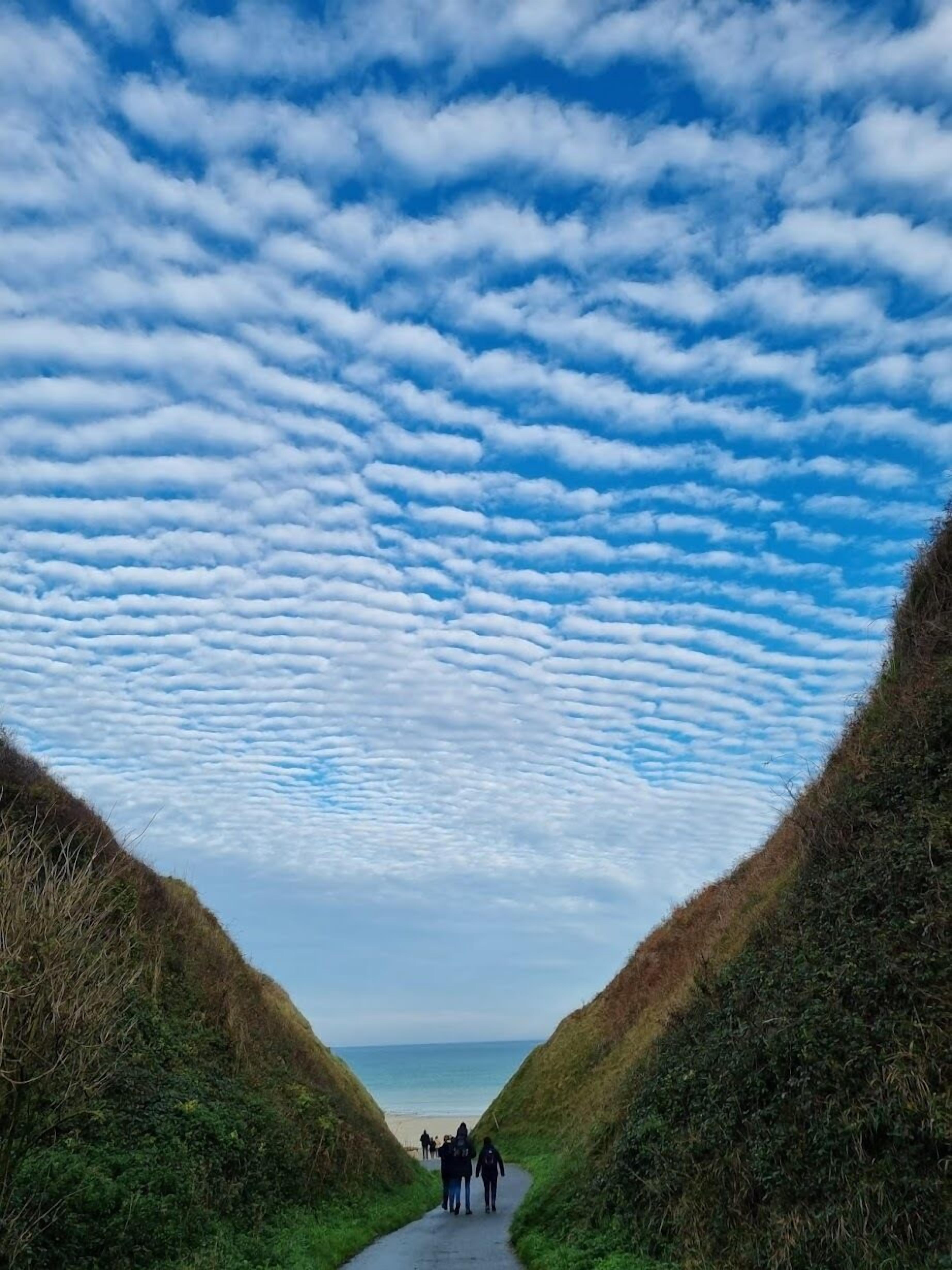 A pathway flanked by grassy banks leading to a beach, under a sky with distinct cloud patterns.