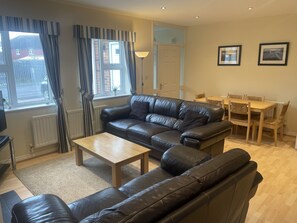 Älytelevisio, takka, DVD-soitin, kirjoja