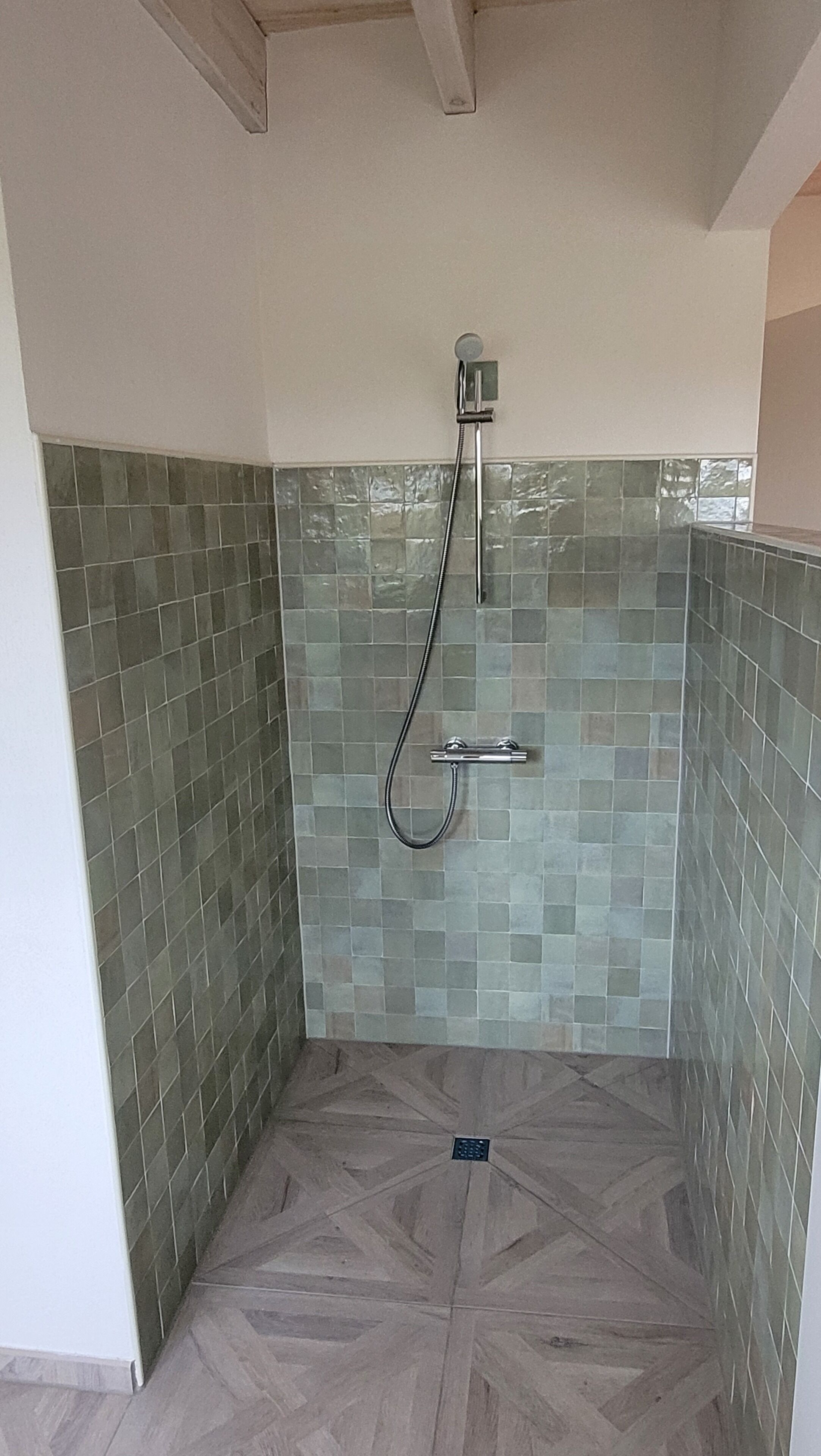 A shower with a handheld showerhead and a wall-mounted faucet.