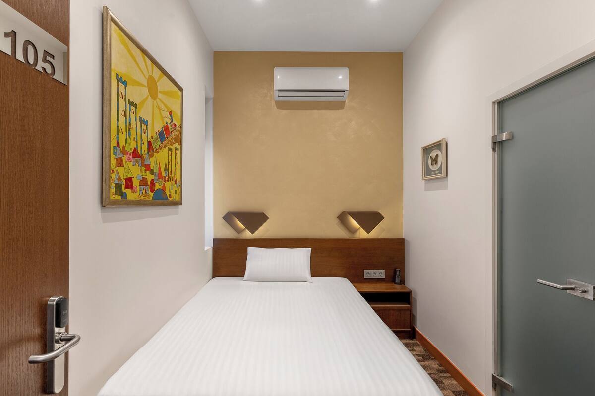 A hotel room with a bed, an air conditioner, a painting, and a door.