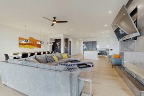 TV, fireplace, table football