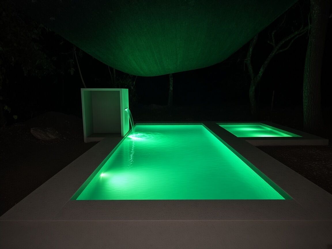 A pool with a green-lit edge and a white structure in the background.